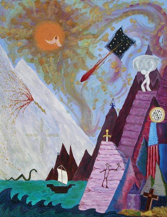 A surreal cliffside seascape with religious and mythological figures