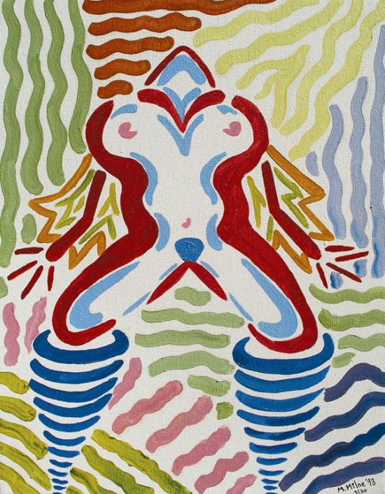 Abstract frontal view of nude woman on her knees with back arched
