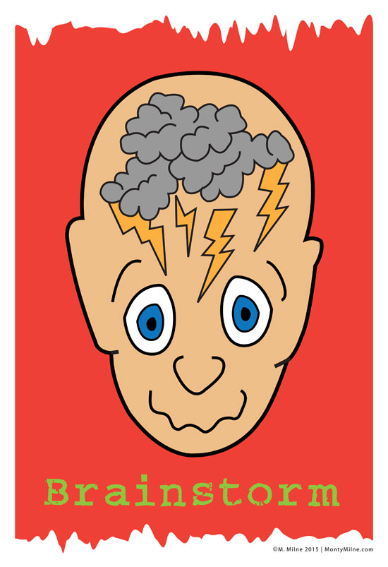 Cartoon face of glaring man with thunderstorm in his head
