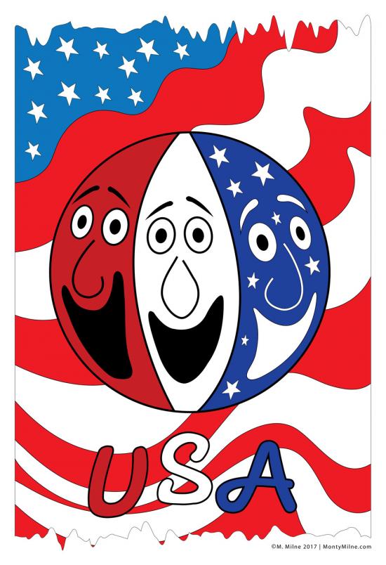 A circle with red, white, and blue faces with an American flag background