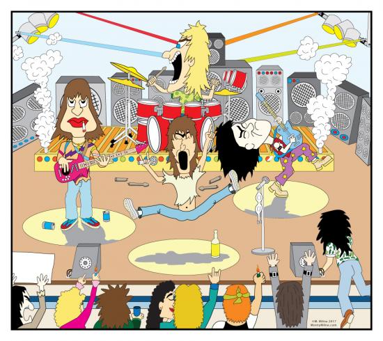 Cartoon rock band playing onstage in front of an audience