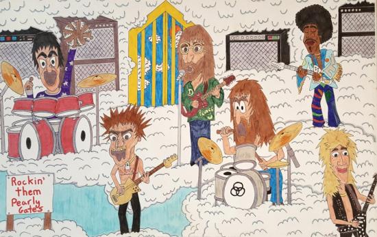 A colorful illustration showing Keith Moon, John Bonham, John Lennon, Jimi Hendrix, Sid Vicious, and Randy Rhoads playing in the sky 